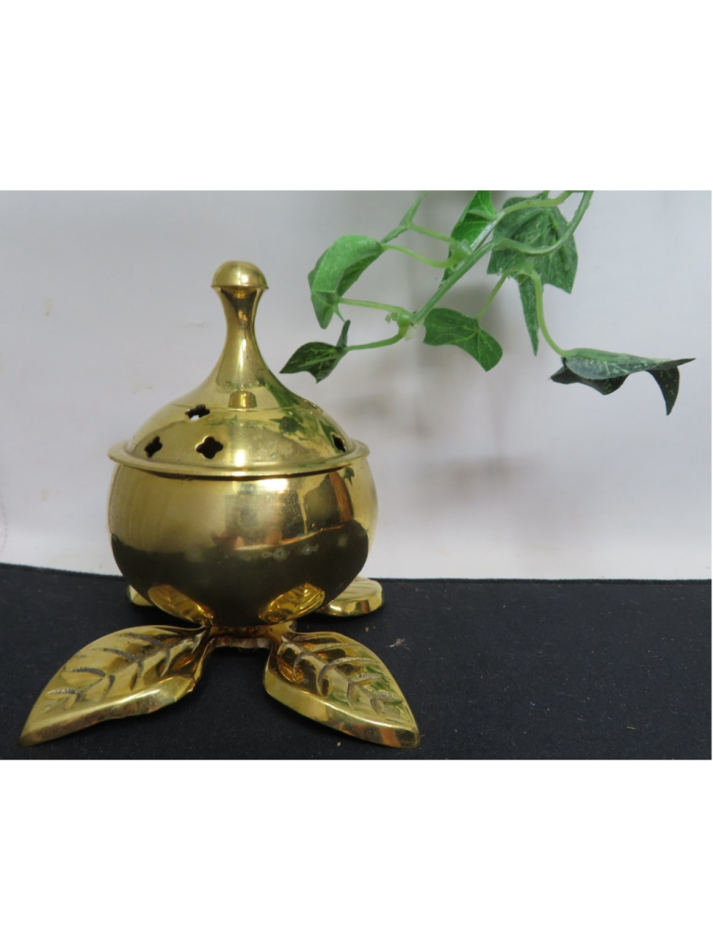 Vintage Solid Brass Incense Burner Apple Design Gold Leaves 4"